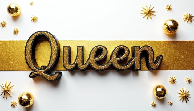 Gold Queen text stands on shiny yellow stripe background. Disco balls plus star shapes decorate white flat surface. Creative typography design implies luxury celebration style. Bright glitter