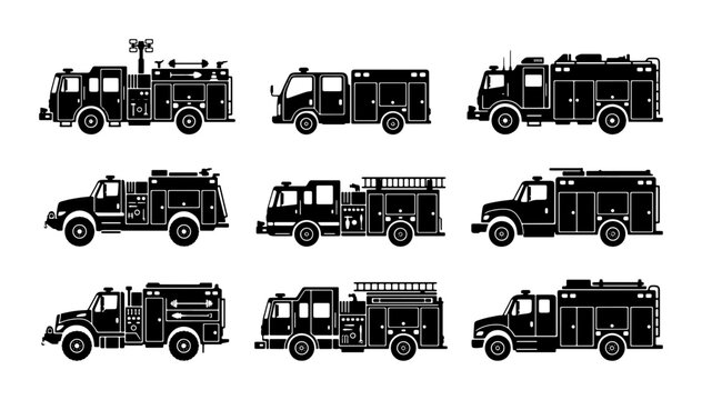 Fire Truck Vector Icons, Emergency Vehicle Silhouettes, Firefighting Transport Collection