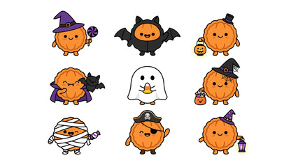 Fototapeta premium Kawaii Halloween Characters: A charming collection of cute, cartoonish Halloween-themed characters including pumpkins dressed as a witch, bat, ghost, mummy, and pirate.