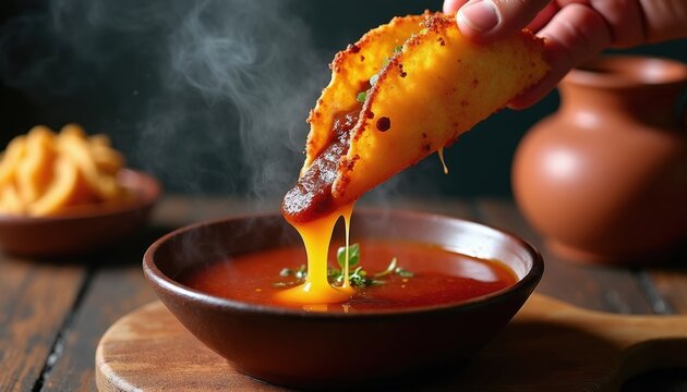 Hand holds crispy quesabirria taco above hot bowl of beef consomme. Melted cheese stretches from fried tortilla into steaming red broth. Authentic mexican street food meal prepared with meat, spices.