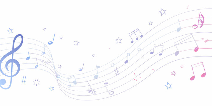 Pastel gradient musical notes and staves on a white background