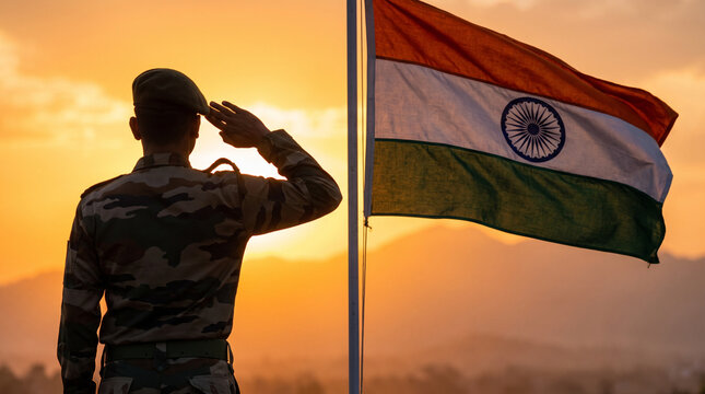 Indian soldier in camouflage uniform saluting the flag during a beautiful golden sunset time