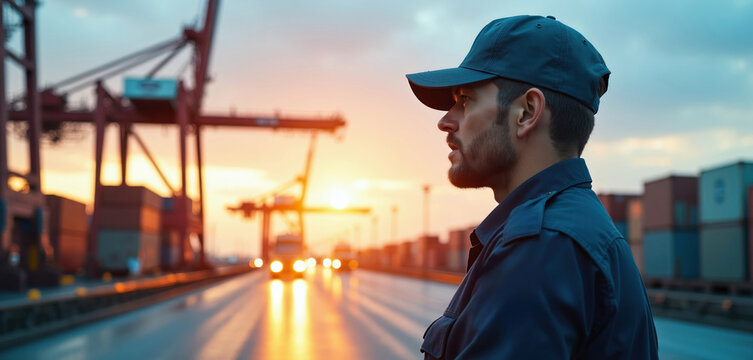 Man in cap stands at cargo port near cranes and containers. Trucks drive on road with headlights on during sunset. Security professional oversees logistics.