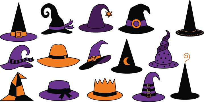 Collection of colorful halloween witch hats vector illustration on white background