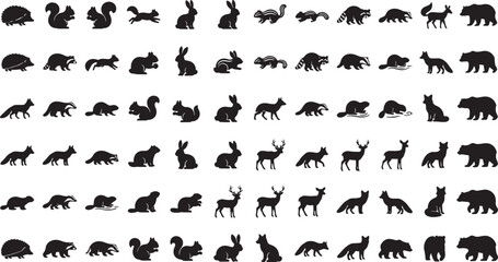 Obraz premium Set of forest animal silhouettes featuring bears foxes rabbits squirrels and hedgehogs in black vector icons