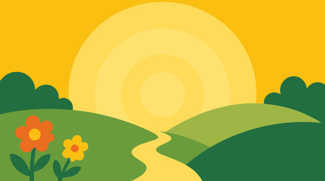 Radiant retro sunburst vector landscape with concentric yellow rings, rolling green hills, winding path, flowers, and bold cheerful optimism for spring, nature, poster background design