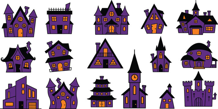 Halloween haunted houses and spooky buildings vector illustration set