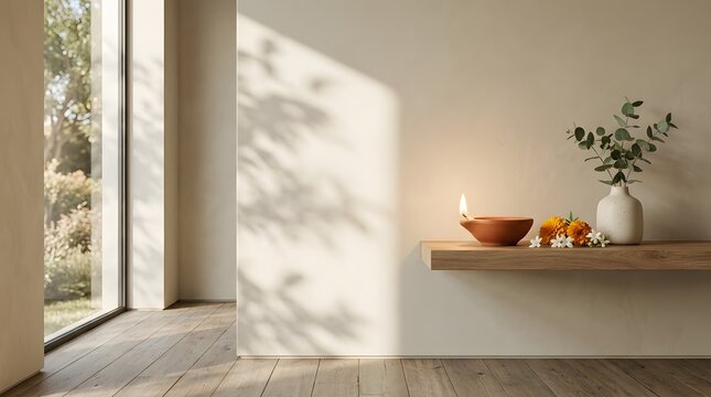 Minimalist home interior with candle and eucalyptus display