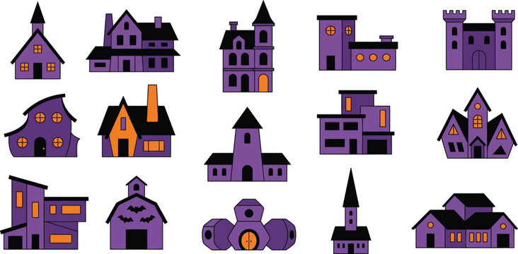 Halloween haunted houses vector illustration with spooky architecture and dark purple tones