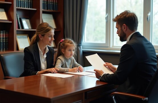 Male attorney sits at desk in office talking to mother, little daughter during legal consultation. Woman signs contract papers lawyer explains document details. Pro advisor provides expert help with
