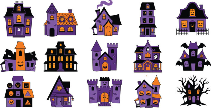 Colorful halloween haunted houses vector illustration with white background