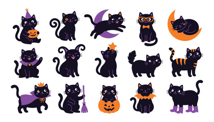 Obraz premium Cute black cats collection during Halloween with pumpkins and moon in flat design style