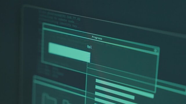Uploading progress bar on computer monitor as files and data are being sent. Hacker or technology cyber spy using laptop to send to cloud server or steal sensitive info by secret government agency
