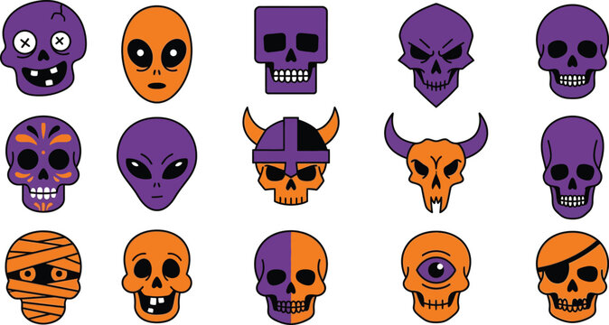 Colorful halloween character icons set including skulls pumpkins and monsters on white background