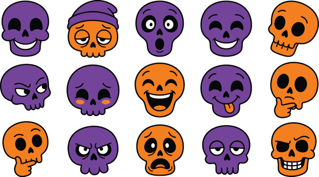 Colorful cartoon skulls with expressive faces halloween vector illustration