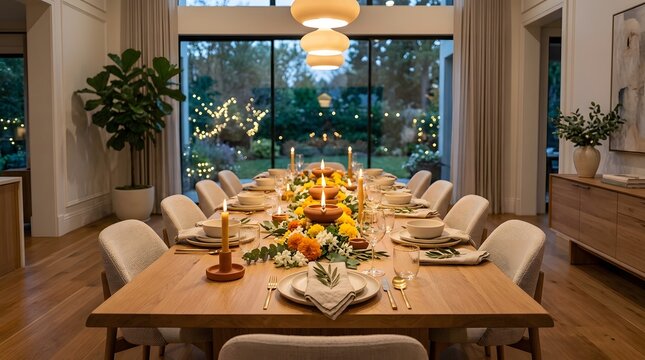 Elegant thanksgiving dinner table setting with candles and floral centerpiece