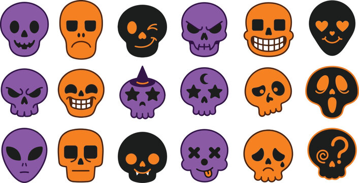 Colorful halloween skulls and spooky icons set on a white background