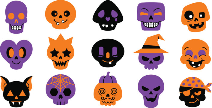 Halloween skulls and spooky characters flat icons on a white background