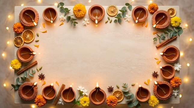 Diwali celebration border clay lamps marigolds and festive decorations