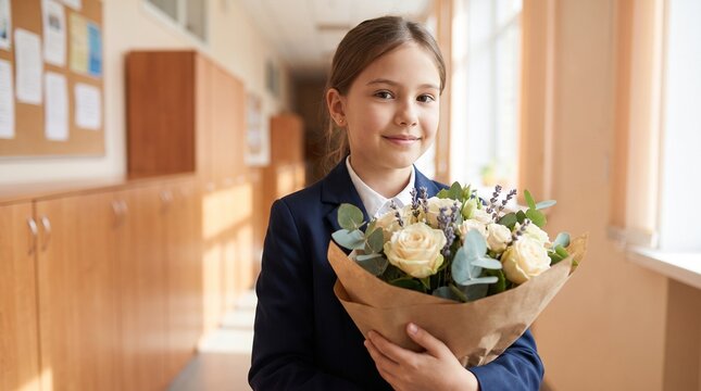 Schoolgirl smiling while holding bouquet of flowers in school hallway  