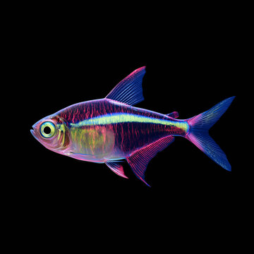 Glowing neon tetra fish on black background