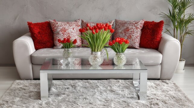 Living room featuring a light gray sofa with red pillows and tulips, modern glass table