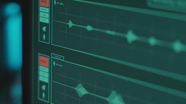 Close up computer screen with sound recording software and audio waves playing. Music or podcast studio in dark control room or wiretapping secret conversation by government secret agency or hacker