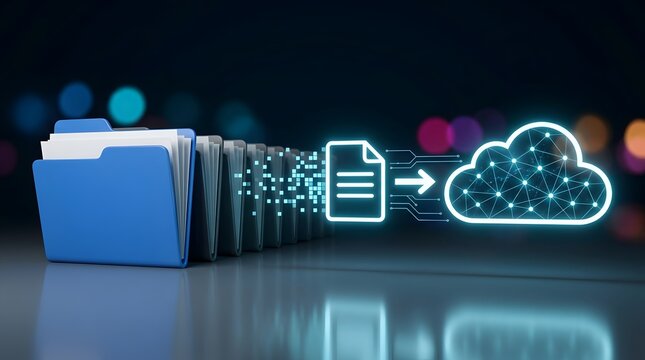 Visualizing data migration: Important digital documents move from organized folders to a secure, interconnected cloud computing system.