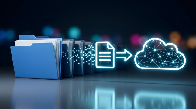 Data migration from traditional files to modern cloud storage, symbolizing digital transformation and secure information transfer in a tech environment.