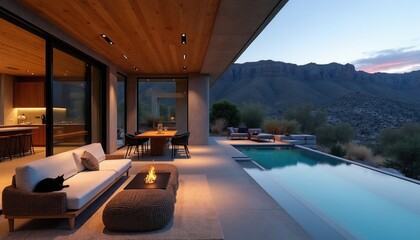 Fototapeta premium Modern mountain villa features open terrace with infinity pool, outdoor fireplace. Wooden ceiling covers luxury lounge area black cat slepic on white sofa. Scenic desert landscape view at dusk