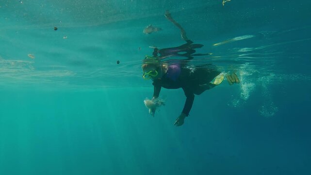 Woman in snorkeling gear swims across the oiled surface of the water, picking up plastic trash floating underwater, female snorkeler, volunteer clean up plastic pollution in the ocean