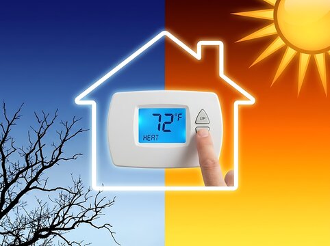 Thermostat mounted on a wall displays the temperature while a finger adjusts the settings to balance the indoor climate against the exterior weather.