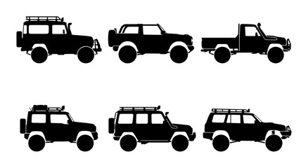 Off-Road SUV Silhouettes, Rugged 4x4 Vehicles, Adventure Transport Collection, Outdoor Exploration Icons © Priya