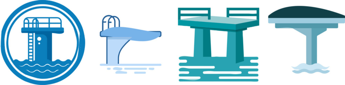A minimalist flat vector icon of a pool diving board with clear outlines and solid colors, set against a white background in a UI/UX style, features a blue circular frame surrounding the structure