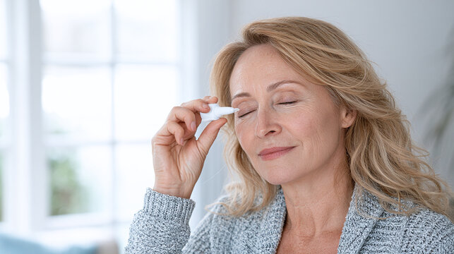 Middle aged woman applying eye drops in a bright room.