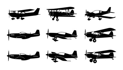 Vintage Aircraft Silhouettes Collection: Biplane, Monoplane, Propeller Planes Set © Priya