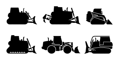 Construction Equipment Silhouettes: Bulldozers, Loaders, Tractors, Heavy Machinery Icons © Priya