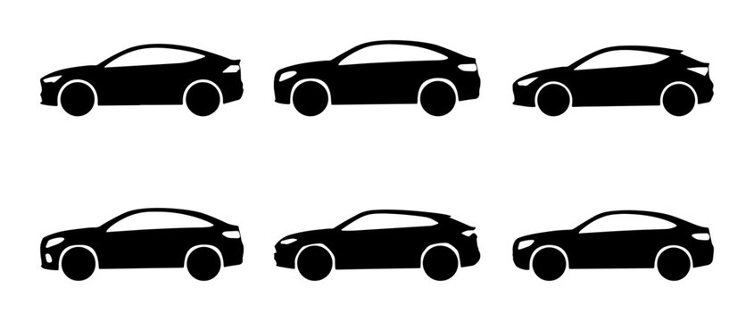 Six Black Car Icons, Modern Sedan and SUV Silhouettes, Automotive Vector Graphics