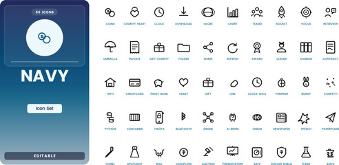Navy icon set. Containing navy, ship, military, marine, fleet, sailor, and more. Outline icons collection. Editable stroke. Vector illustration © PS  GALLERY 