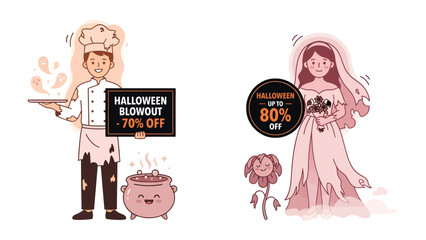 Halloween Sale Advertisement: A cartoon chef holding a sign that reads Halloween Blowout - 70% Off stands next to a bubbling cauldron. © Azizun