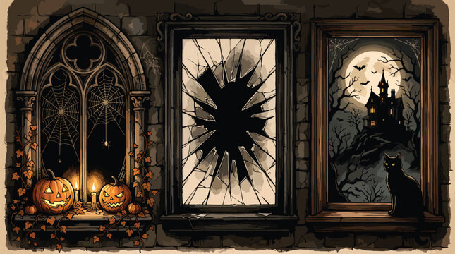 Spooky Halloween night vector art, gothic window frames, haunted house, black cat, glowing pumpkins, eerie atmosphere, seasonal holiday design