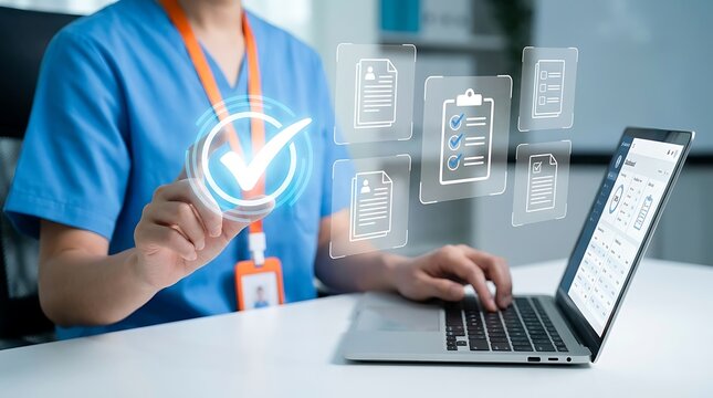 Healthcare worker using laptop with digital medical forms and checkboxes. Concept for health insurance and records.