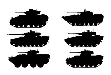 Obraz premium Military Tank Silhouettes, Armored Vehicle Icons, Combat Machine Vector Set
