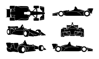 Obraz premium Formula 1 Race Car Silhouettes, Speeding Vehicle Views, Motorsport Vector Icons