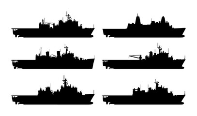 Fototapeta premium Naval Ship Silhouettes, Warship Vector Icons, Military Fleet Collection, Maritime Vessels Set