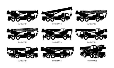 Crane Silhouettes Set: Construction Vehicles, Heavy Machinery, Industrial Equipment Icons © Kabita