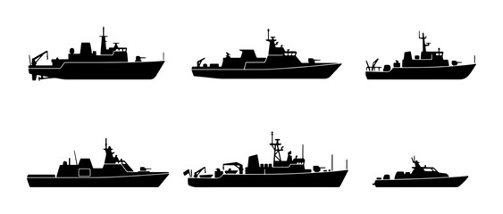 Naval Ship Silhouettes, Military Vessels Collection, Sea Patrol Boats, Marine Craft Set © Kabita