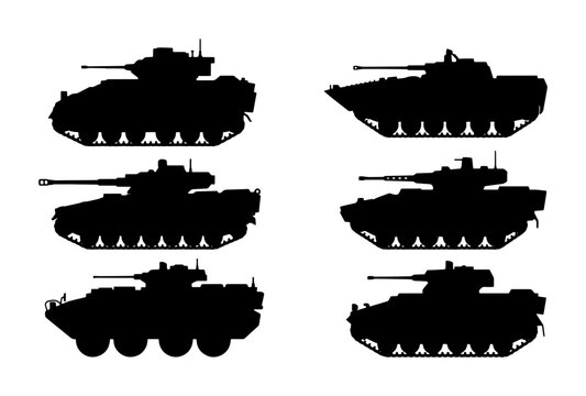 Military Tank Silhouettes, Armored Vehicle Icons, Combat Machine Vector Set