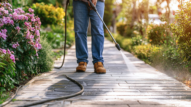 Worker pressure washing concrete sidewalk outside home, outdoor cleaning and property maintenance concept with water spray, garden path and curb appeal mood