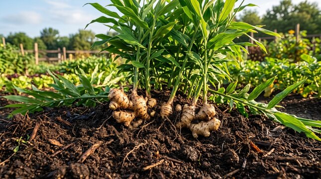 Fresh ginger roots growing in fertile soil with lush green leaves in a natural farm setting. Organic agriculture, sustainable farming, and healthy crop cultivation concept.